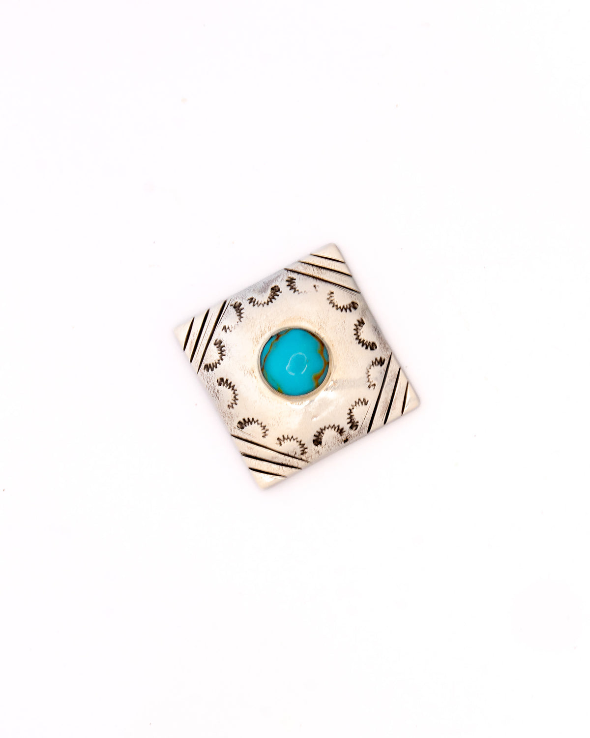 Bolo 500 — square sterling silver bolo face with a round turquoise cabochon and hand-stamped border