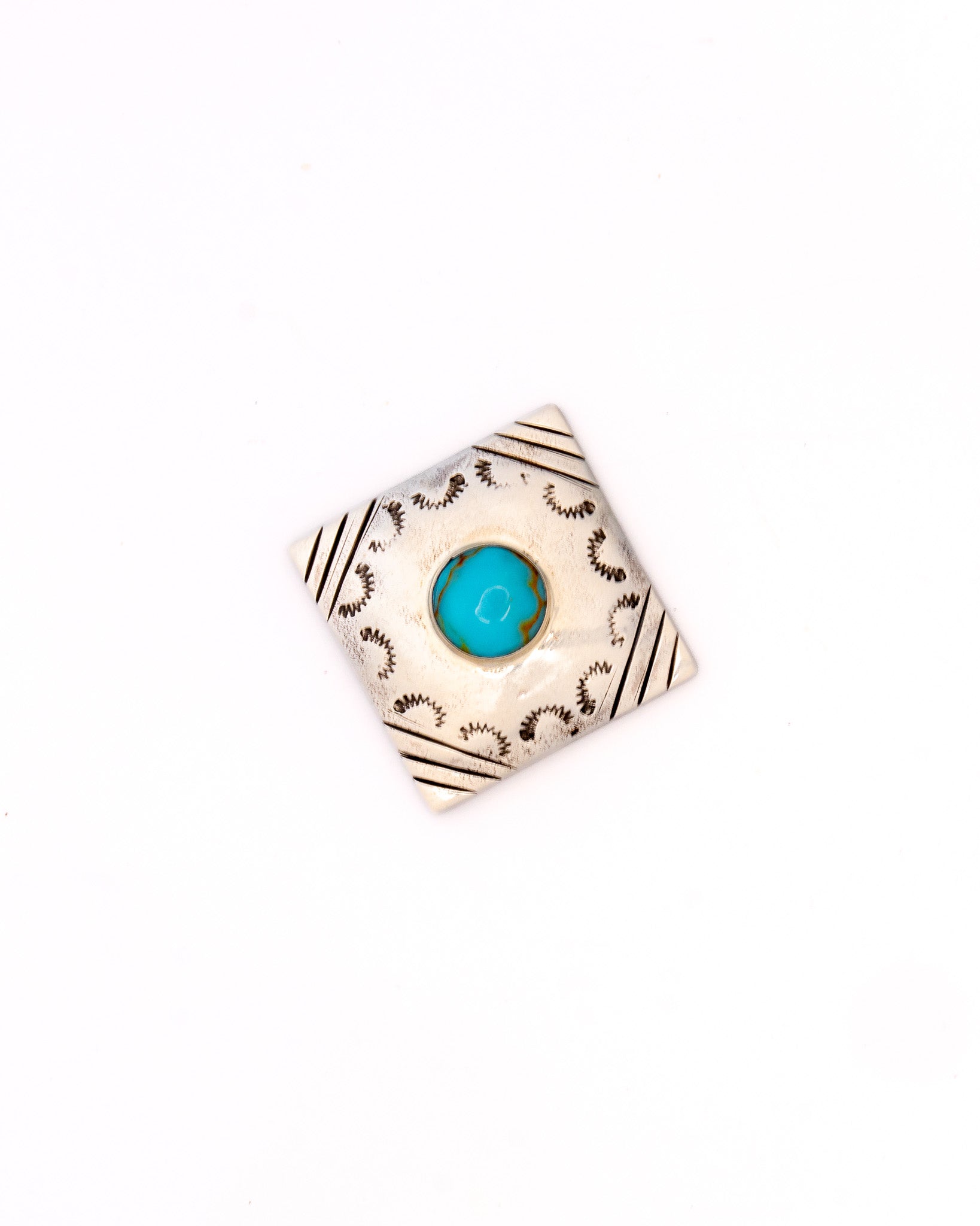 Bolo 500 — square sterling silver bolo face with a round turquoise cabochon and hand-stamped border
