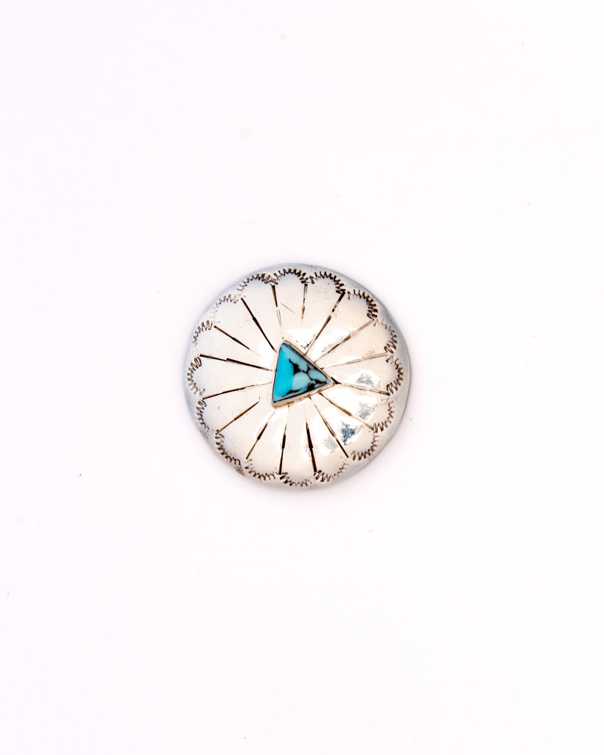 Bolo 501 — round sterling silver concho bolo face with a triangular turquoise stone and radiating stamped lines