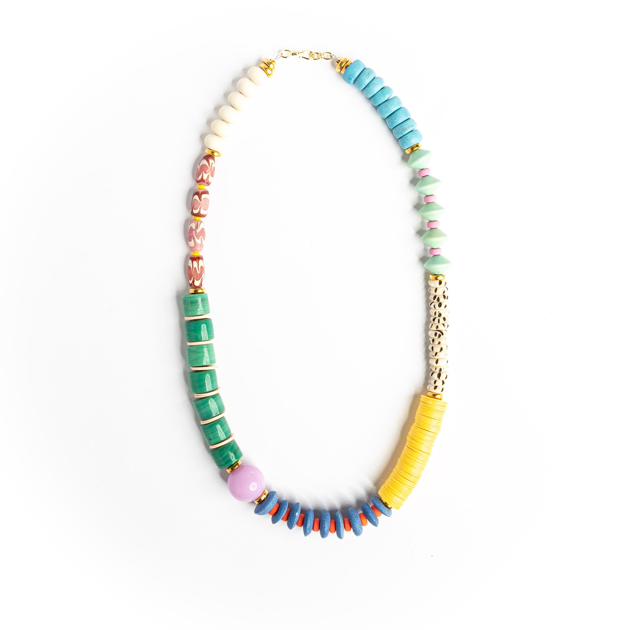 Long Mixed Media necklace — African glass, turquoise and jade beads, about 26 inches long