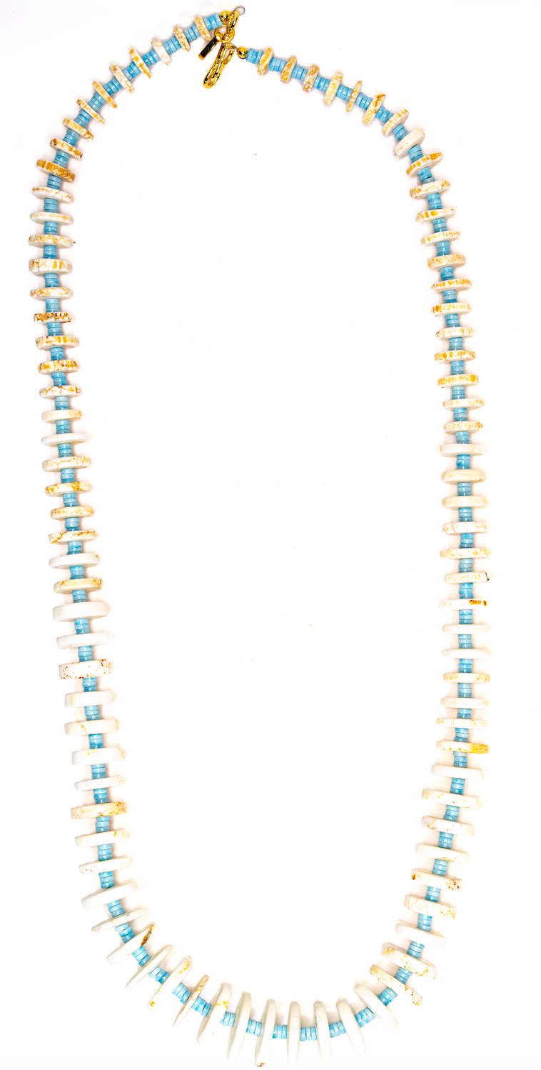 Long Disc necklace — white turquoise howlite with light blue spacers, about 31 inches long