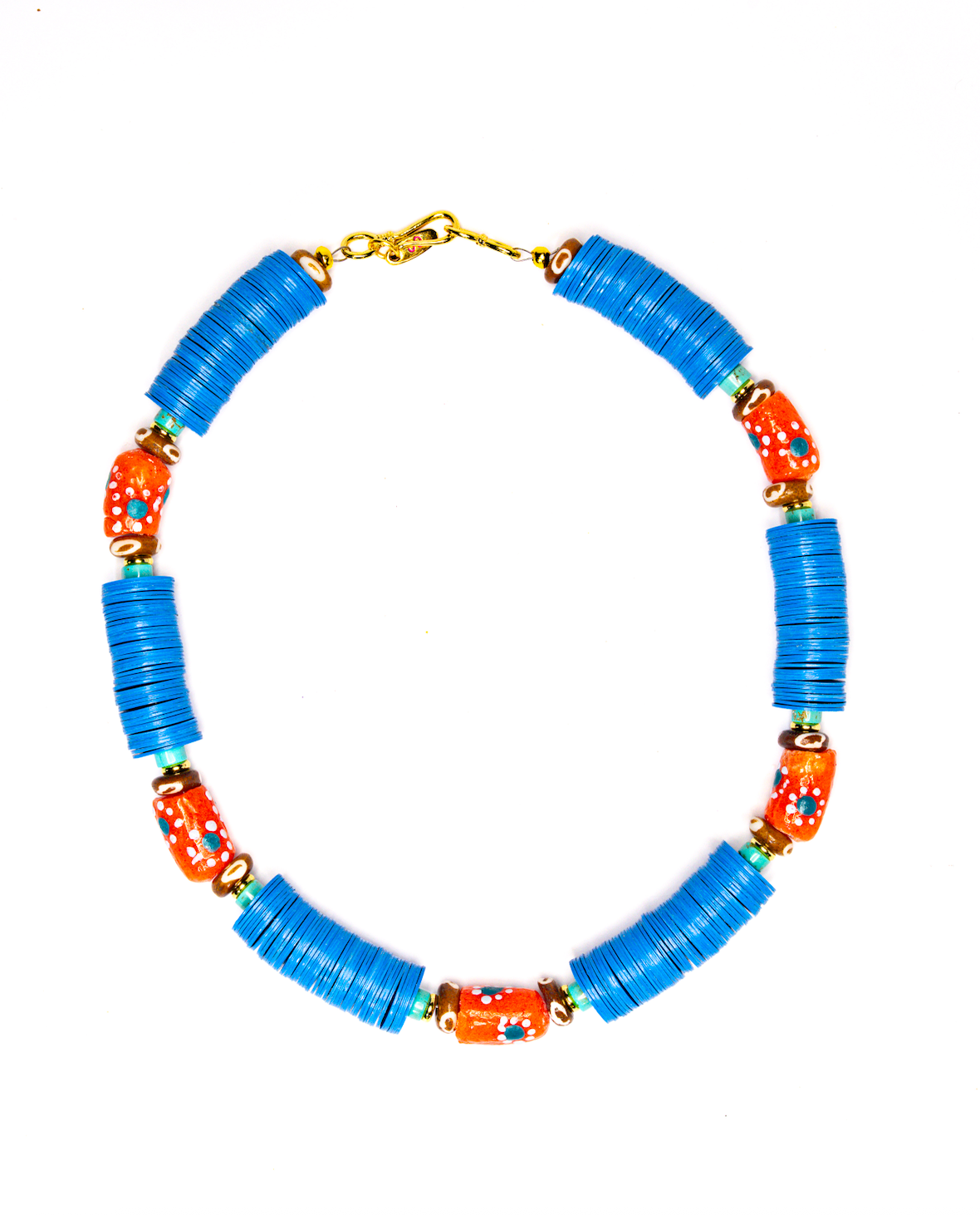 Blue Vinyl and Glass necklace — African blue vinyl with glass, wood, turquoise and brass spacers