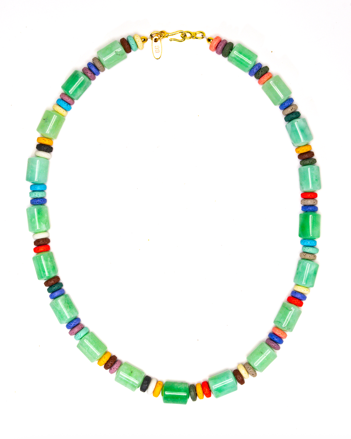 Green Tube and Lava necklace — green aventurine tube beads with colorful lava spacers