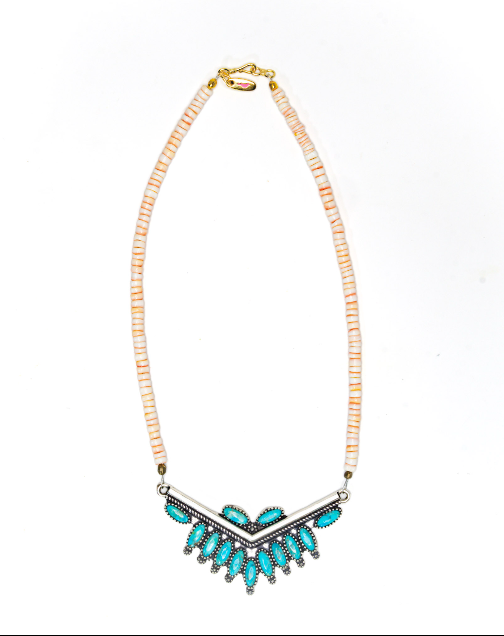 Needlepoint Arrow necklace — turquoise needlepoint pendant with red lip heishi beads