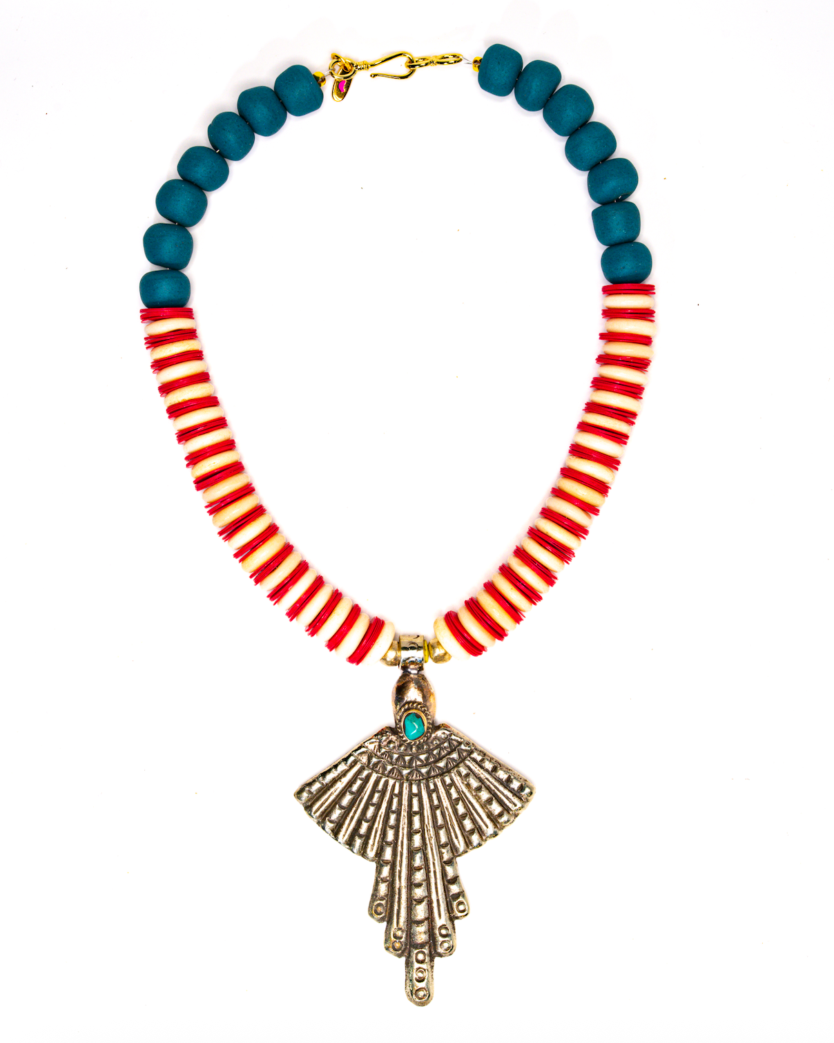 Bird of the Sun necklace — metal pendant with turquoise stone, African vinyl, bone and clay beads
