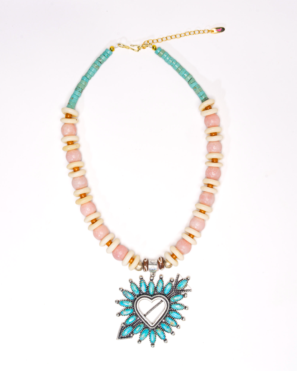 Needlepoint Heart necklace — turquoise needlepoint heart pendant with pink opal and turquoise heishi